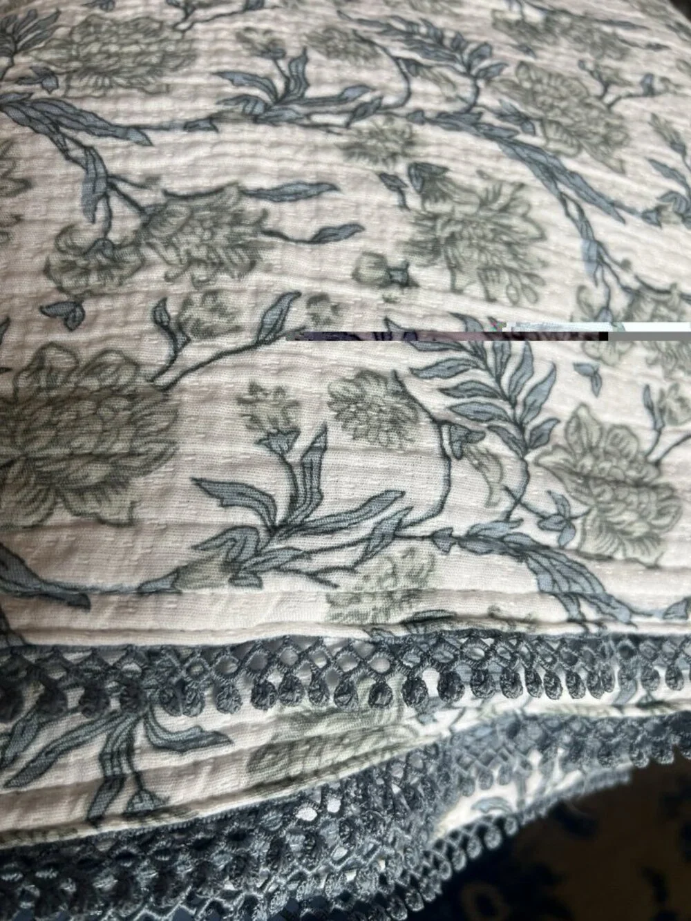 TOILE Shower Curtain Blue White Floral Lace Trim Crinkled Fabric 72